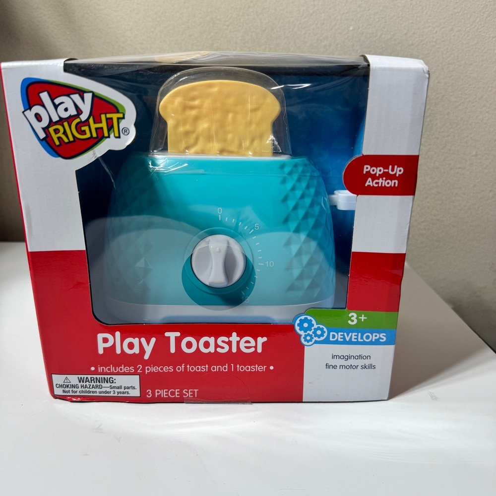 Play Right Pretend Play Toaster Set Teal Plastic Pop Up Action 3 Piece Toy